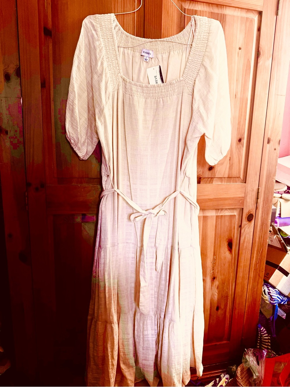 Evereve Creamy Pink Gauze Tiered Maxi Dress with Tie Waist